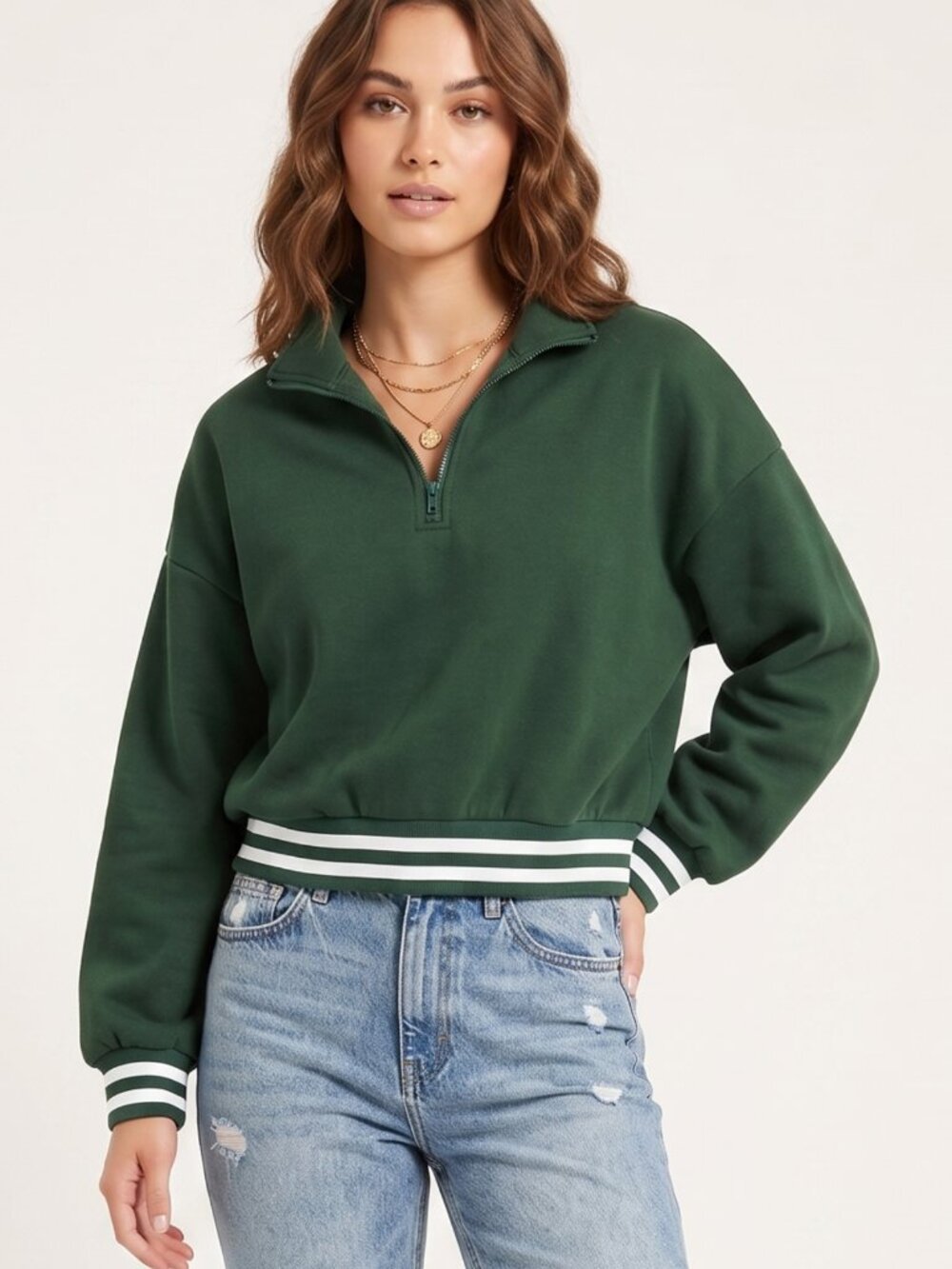 NWOT Green Fleece Half Zip Striped Cuff Sweatshirt Large